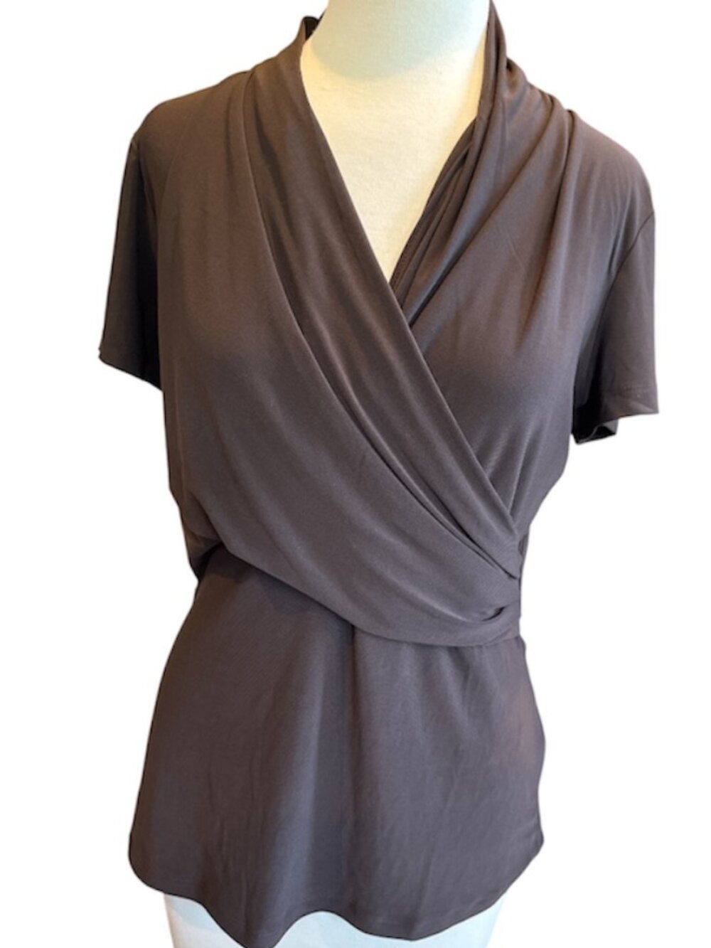DKNY Brown Draped Surplice Short Sleeve Blouse